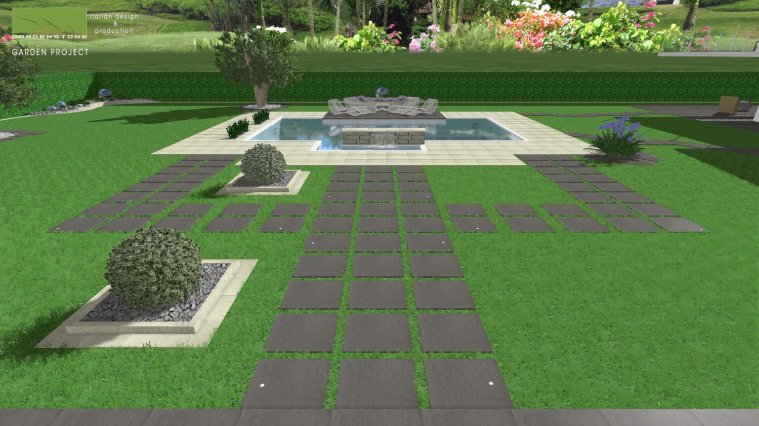 progetto camminamento giardino piscina